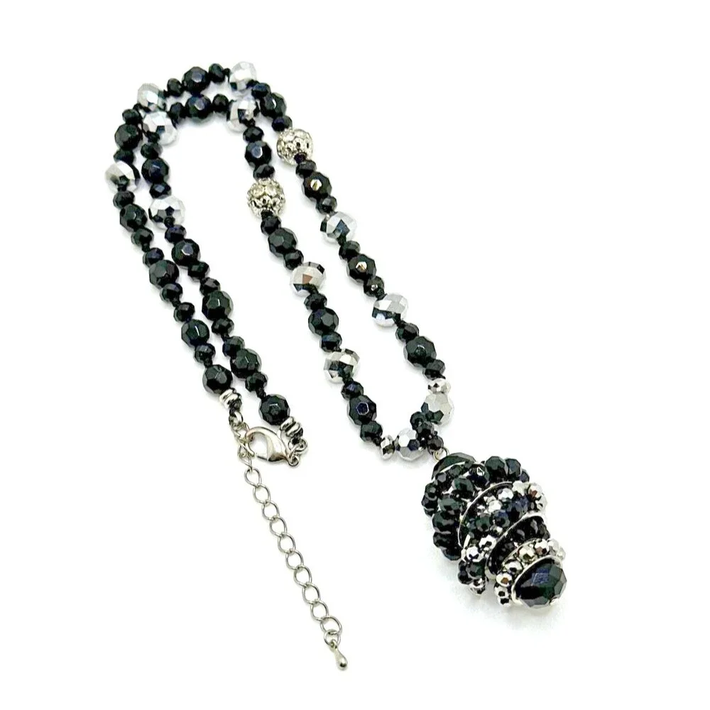 Crystal Bead Cluster Pendant Necklace Black Silver Tone Statement Jewelry 20-22